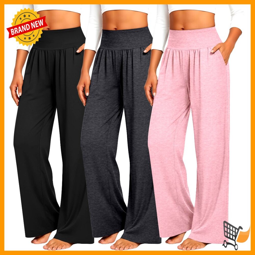 3 Pack Wide Leg Yoga Pants With Pockets, Stretch Sweatpants, Elastic Waist